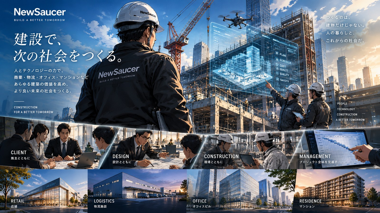 建設で、次の社会をつくる。店舗・物流施設・オフィス・マンションの建設プロジェクト